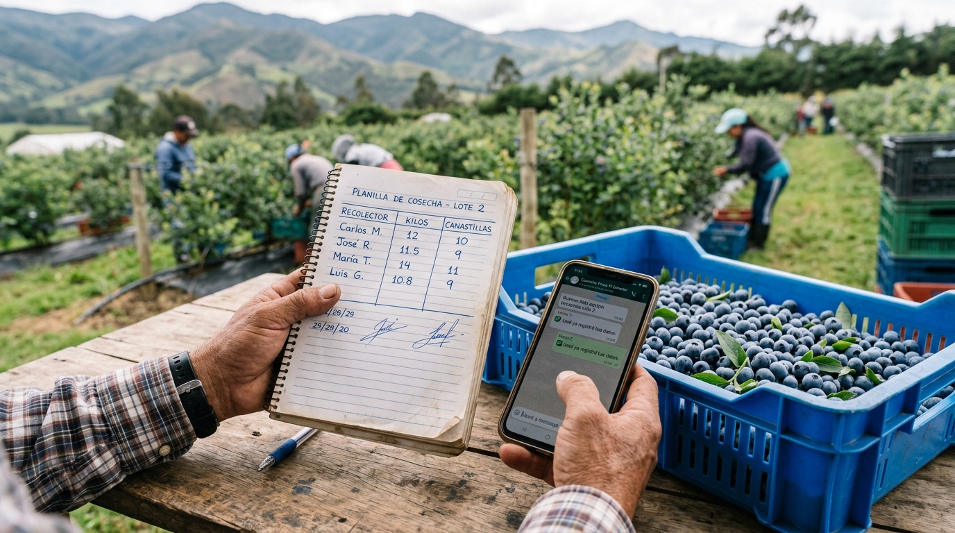 Planilla de cosecha manual con canastilla plástica de arándanos y mensajes de WhatsApp en cultivo colombiano