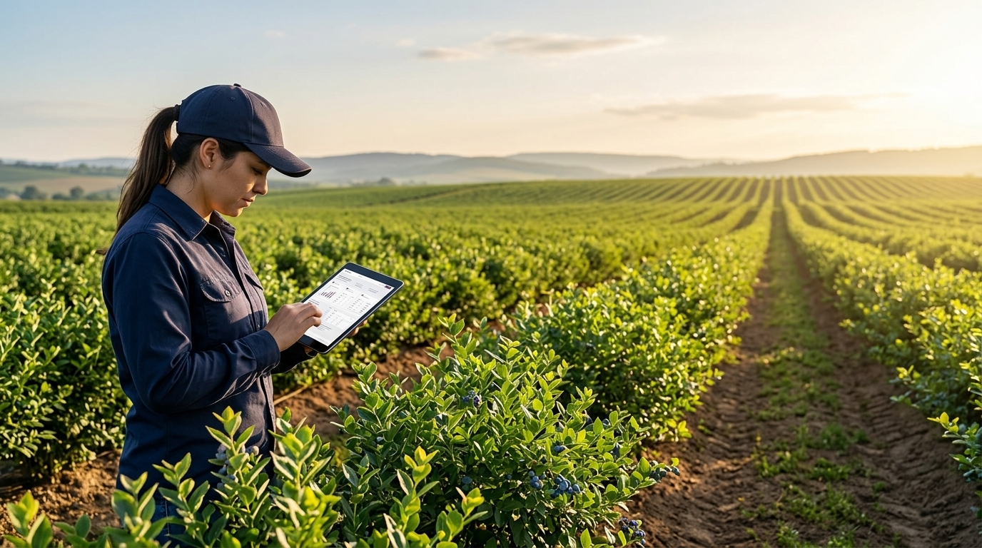 Agrónoma supervisando cosecha de arándanos con tablet en campo