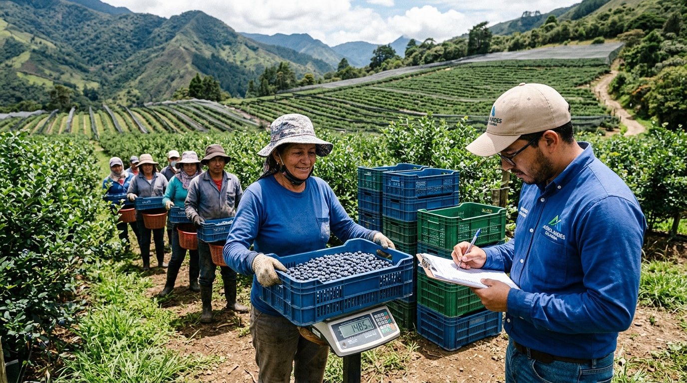 Punto de pesaje de cosecha en campo con báscula digital, canastillas plásticas y recolectores en cultivo de arándanos