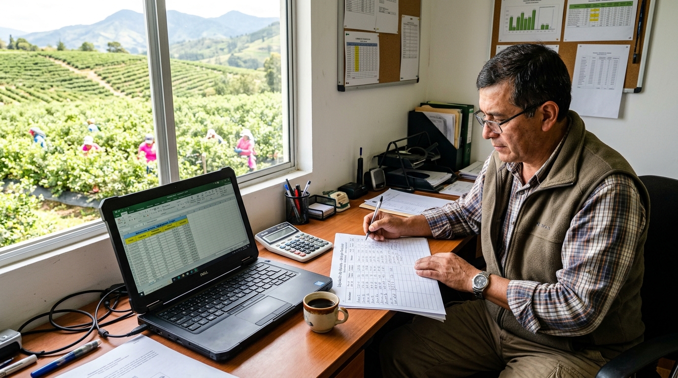 Administrador agrícola consolidando planillas de kilos y liquidación de pagos en oficina de finca con vista a cultivo andino