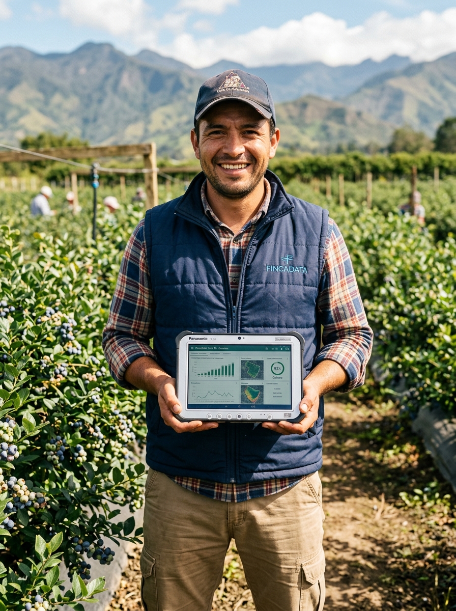Especialista agrónomo con tablet monitoreando cultivo de arándanos