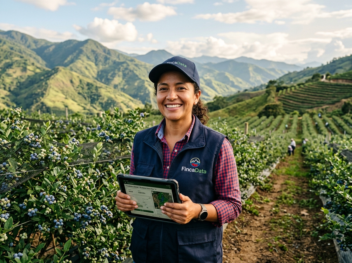 Agrónoma de FincaData en cultivo de arándanos monitoreando producción con tablet